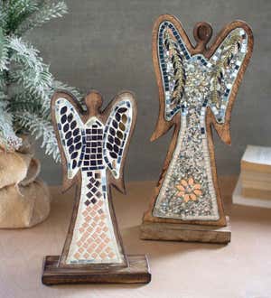 Wooden Christmas Angels with Mosaic, Set of 2