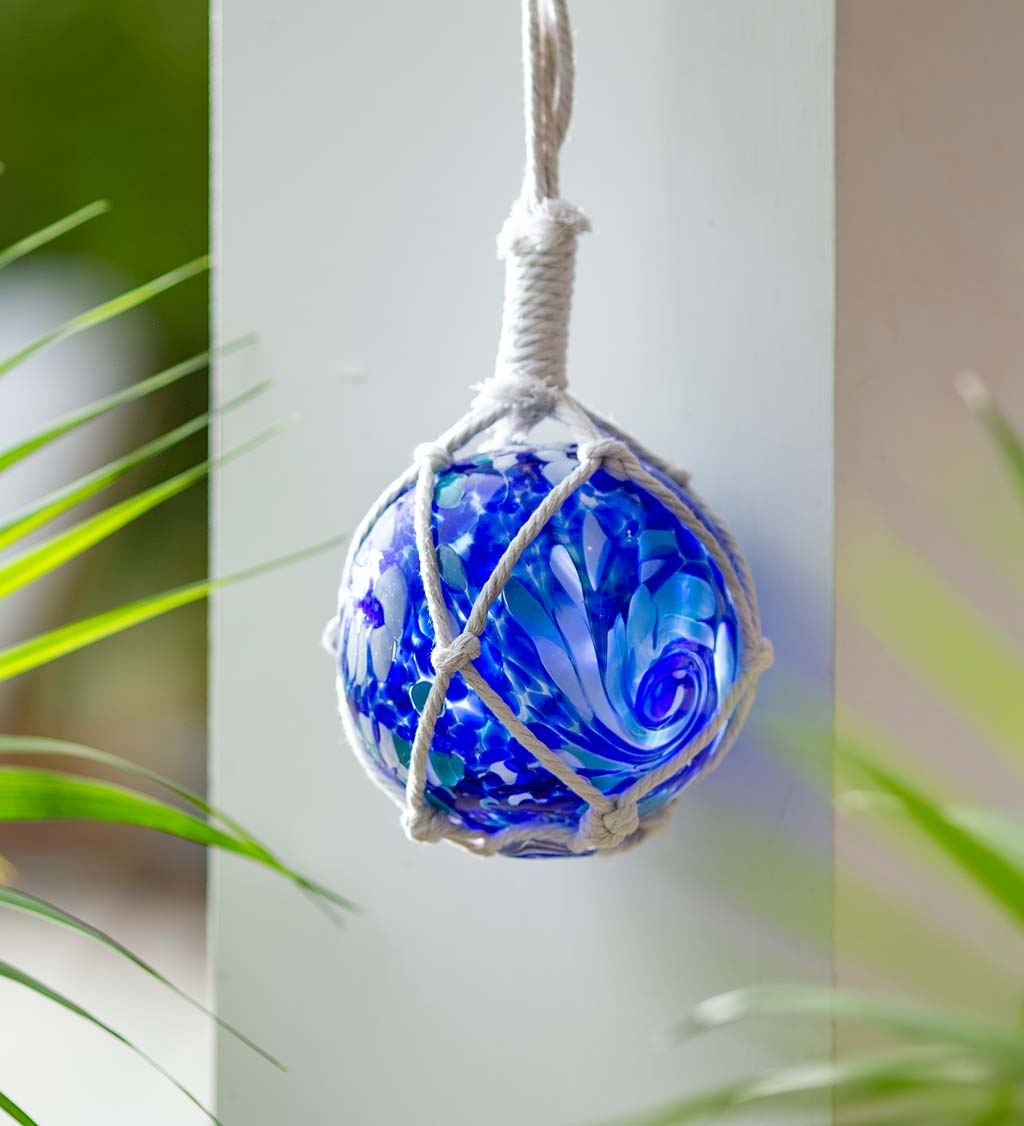 Small 5¼" Diameter Blue Glass Globe with Knotted Hanging Rope