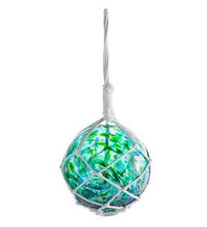 Large 7¾" Diameter Green Glass Globe with Knotted Hanging Rope - Green