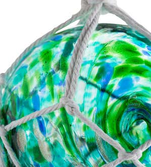 Large 7¾" Diameter Green Glass Globe with Knotted Hanging Rope - Green