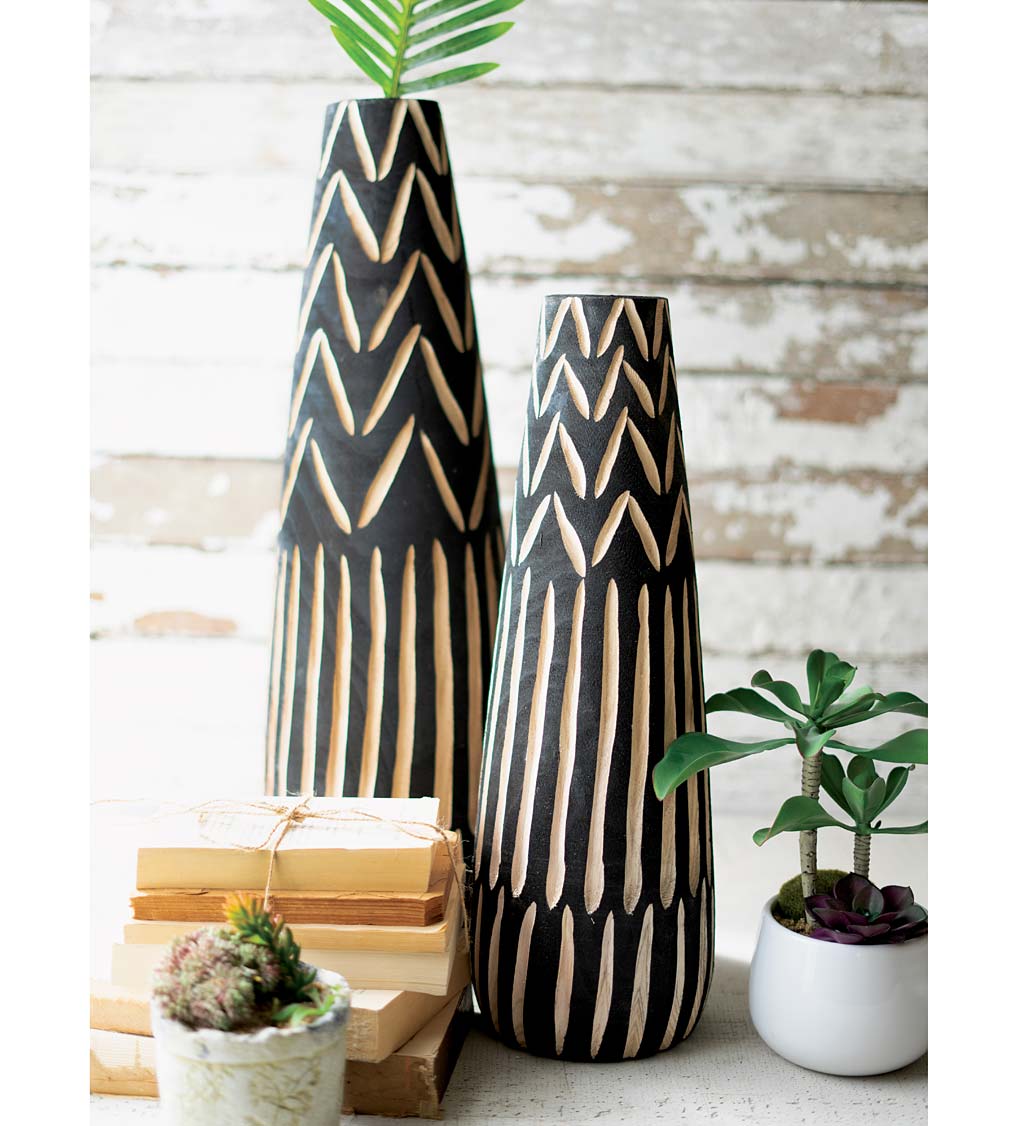 Tall Black Carved Wooden Vases, Set of 2