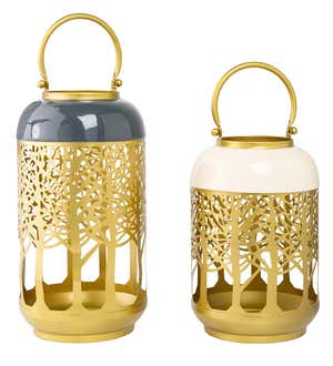 Golden Laser-Cut Metal Lanterns with Tree of Life Design, Set of 2