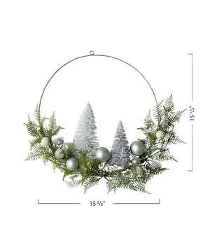 Silver Hoop Holiday Wreath with Two Evergreens, Faux Foliage and LED Lights
