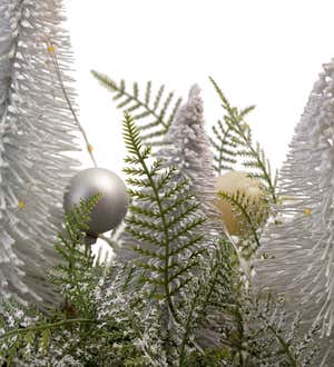 LED Lighted Centerpiece With Evergreen Trees and Frosted Silver Accents