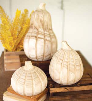 Carved Wood Pumpkins with Natural Finish, Set of 3