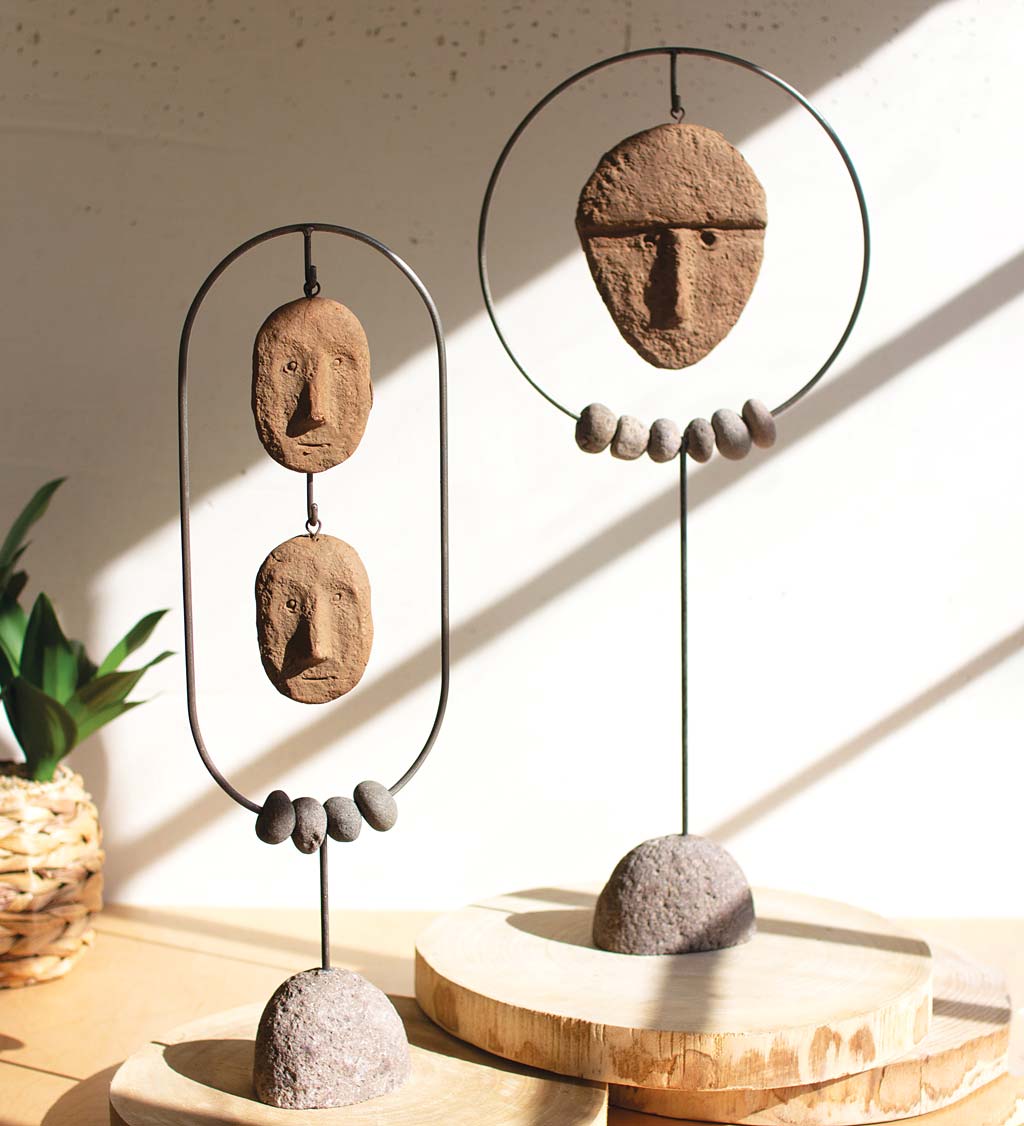 Hanging Clay Face Sculptures in Metal Stands, Set of 2