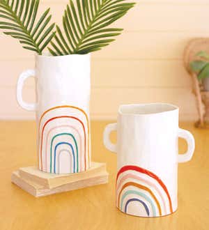 White Ceramic Vases with Rainbow Pattern and Handles, Set of 2