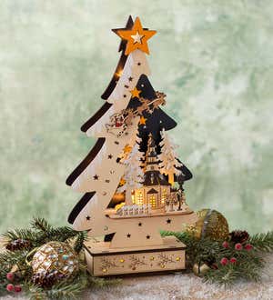 Lighted Wood Christmas Tree Scene with Santa's Sleigh, Church and Carolers