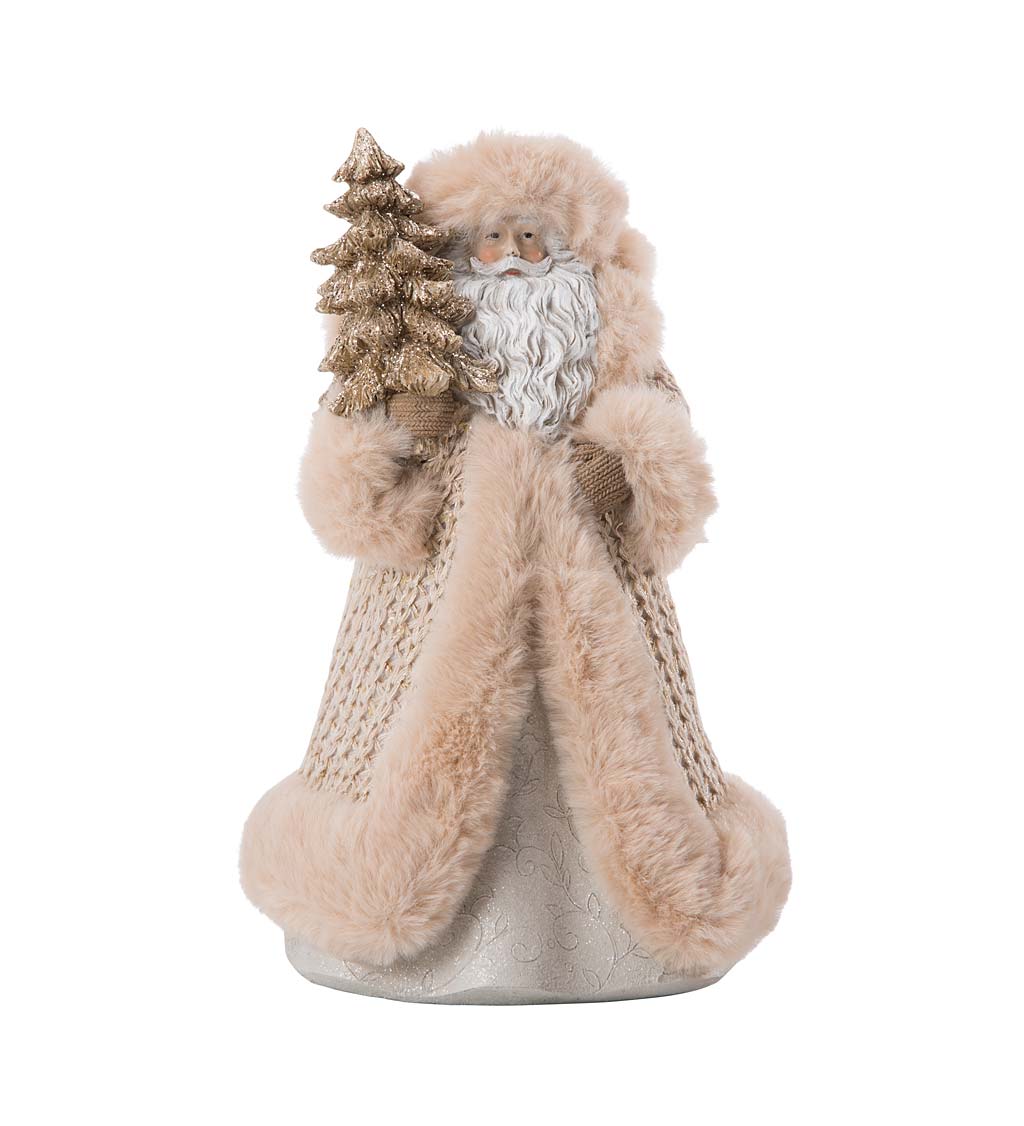Santa Claus with Tree in Knitted Tan Robe and Hat with Faux Fur Trim