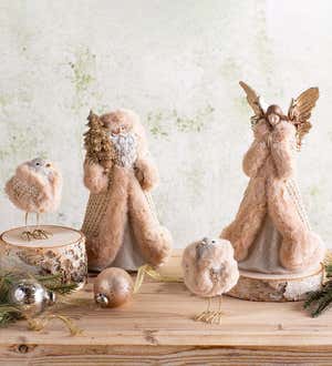 Praying Holiday Angel Statue with Glittering Wings and Knitted Tan Robe with Faux Fur Trim
