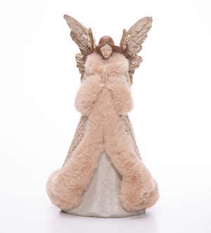 Praying Holiday Angel Statue with Glittering Wings and Knitted Tan Robe with Faux Fur Trim