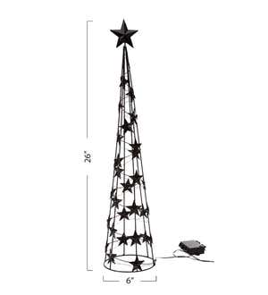 Cone-Shaped Black Metal Christmas Tree with Stars and 50 LED String Lights