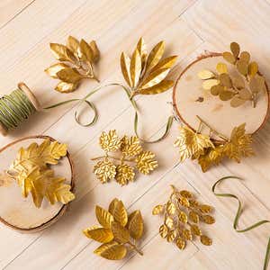 Handcrafted Golden Reclaimed Metal Leaf Clusters, Set of 8