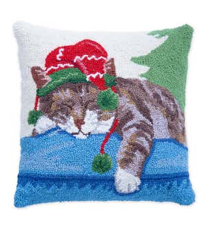 Napping Cat in Stocking Cap Hand-Hooked Wool Throw Pillow
