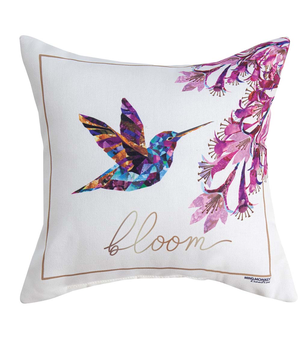 White Throw Pillow with Painted Multicolored Hummingbird