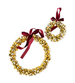 Golden Jingle Bell Wreaths with Red Velvet Ribbon, Set of 2