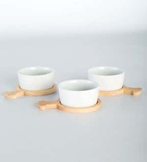 Tapas Porcelain Ramekins and Pinewood Holders , Set of 3