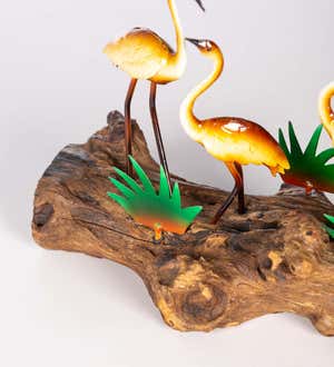 Handcrafted Metal Cranes on Wood Decor