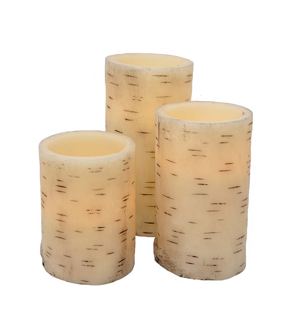 Flameless LED Golden Birch Pillar Candles, Set of 3