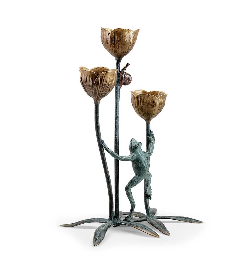 Metal Frog and Flowers Tealight Candle Holder Trio