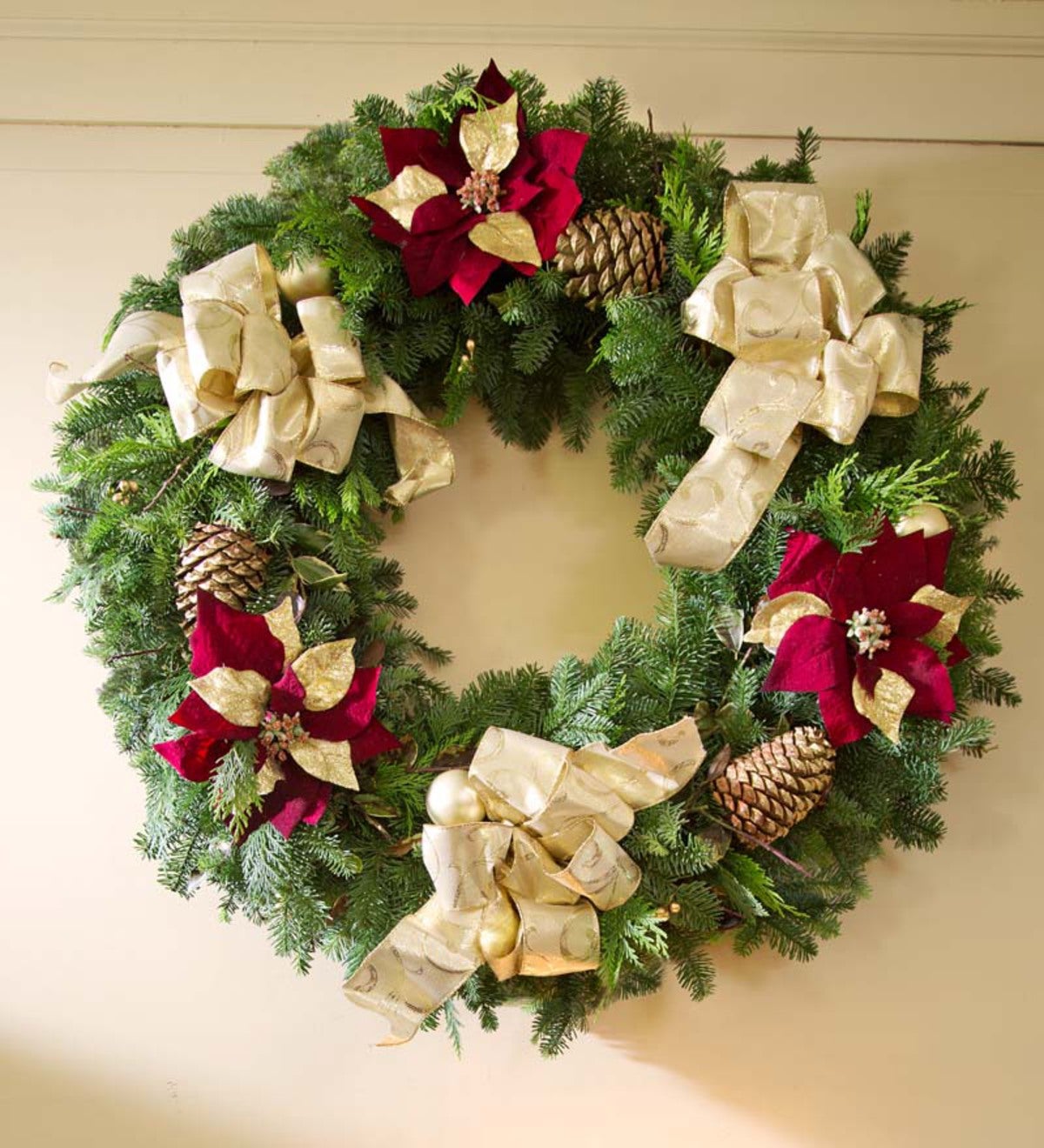 Handmade Fresh Christmas Wreath with Gold Bows