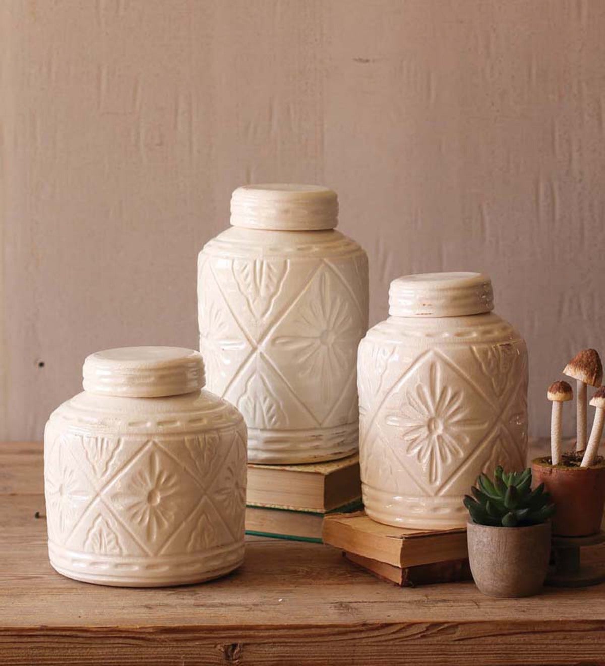 Ceramic Containers with Geometric Pattern, Set of 3