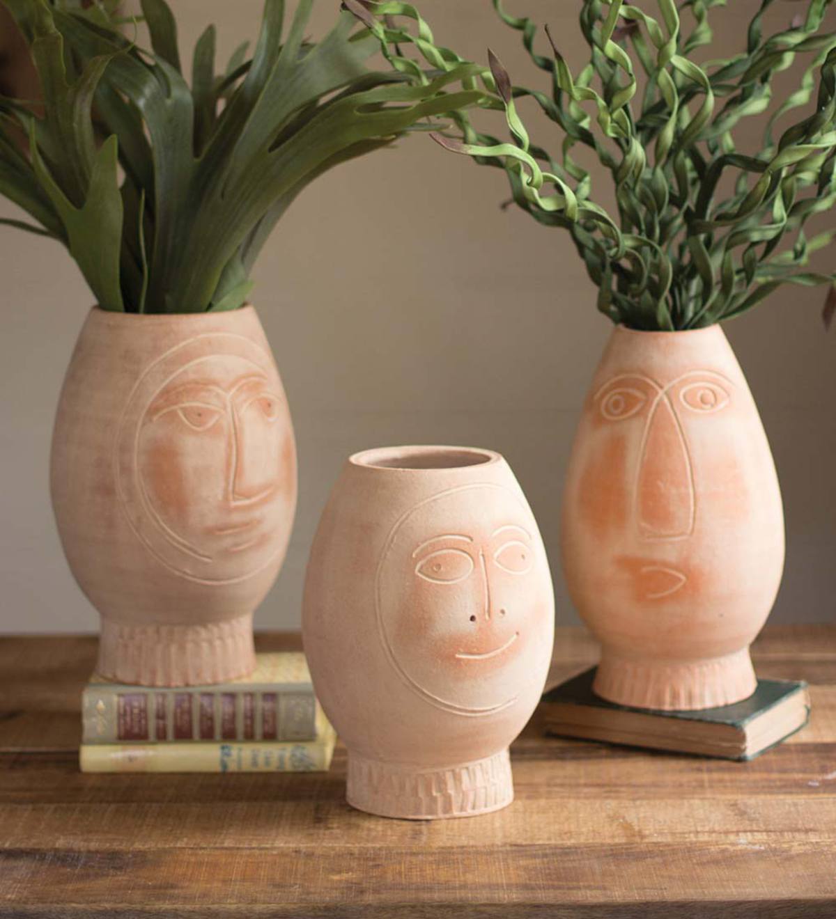 Handcrafted Clay Pots with Faces, Set of 3