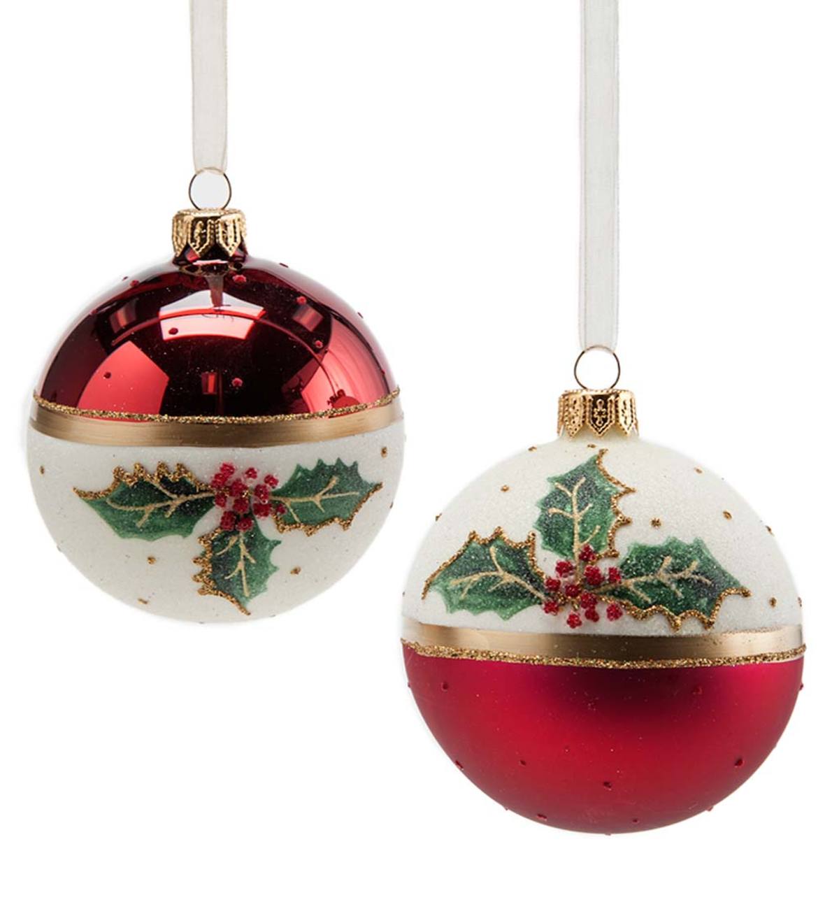Red and White Glass Holiday Ornaments with Holly Leaf, Set of 2