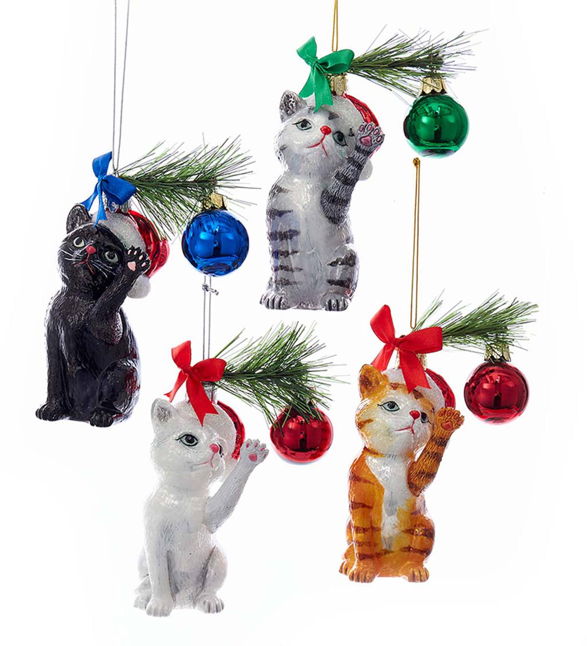 Glass Kitty with Tree Ornaments, Set of 4