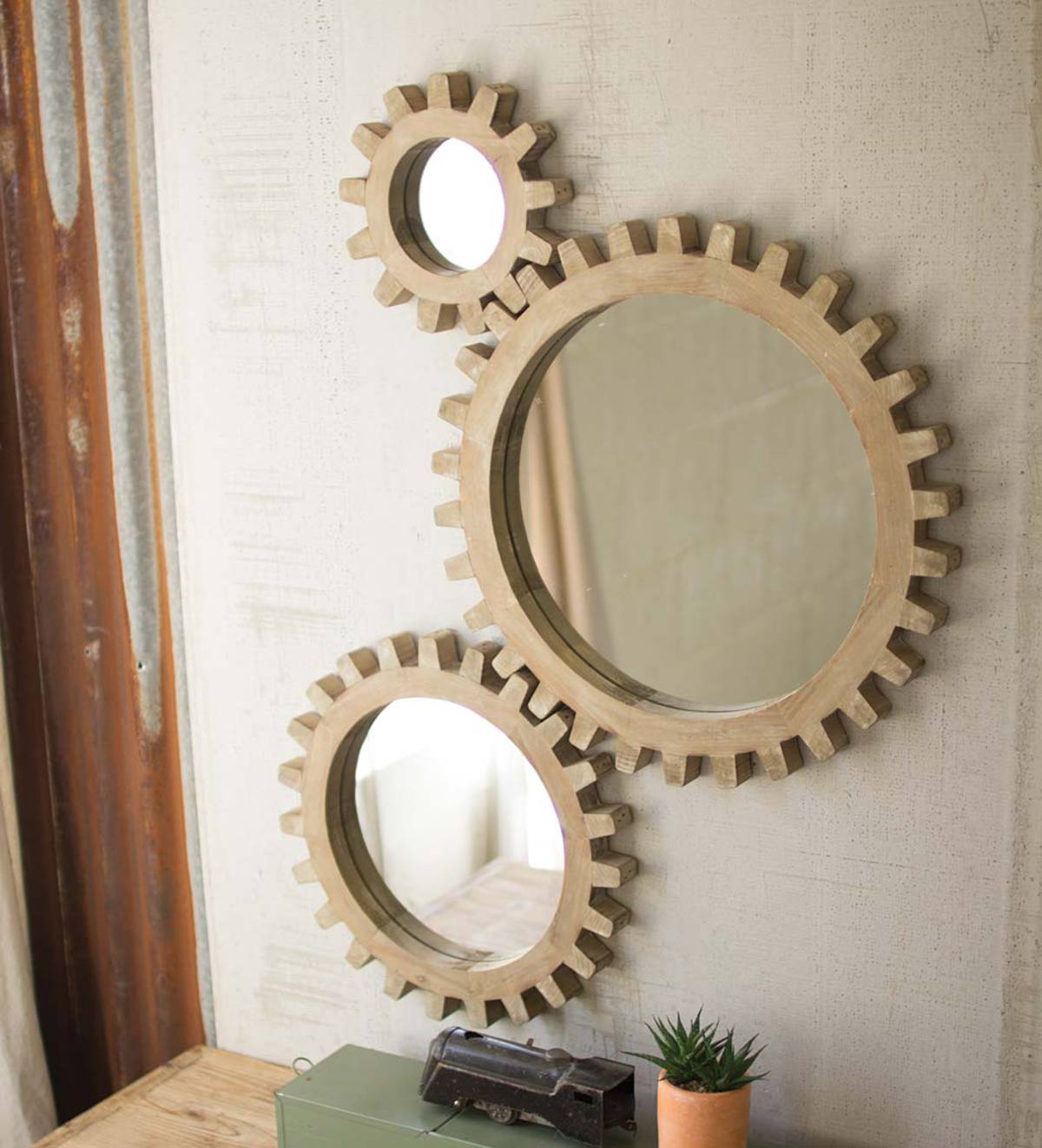 Wooden Gear-Shaped Mirrors, Set of 3