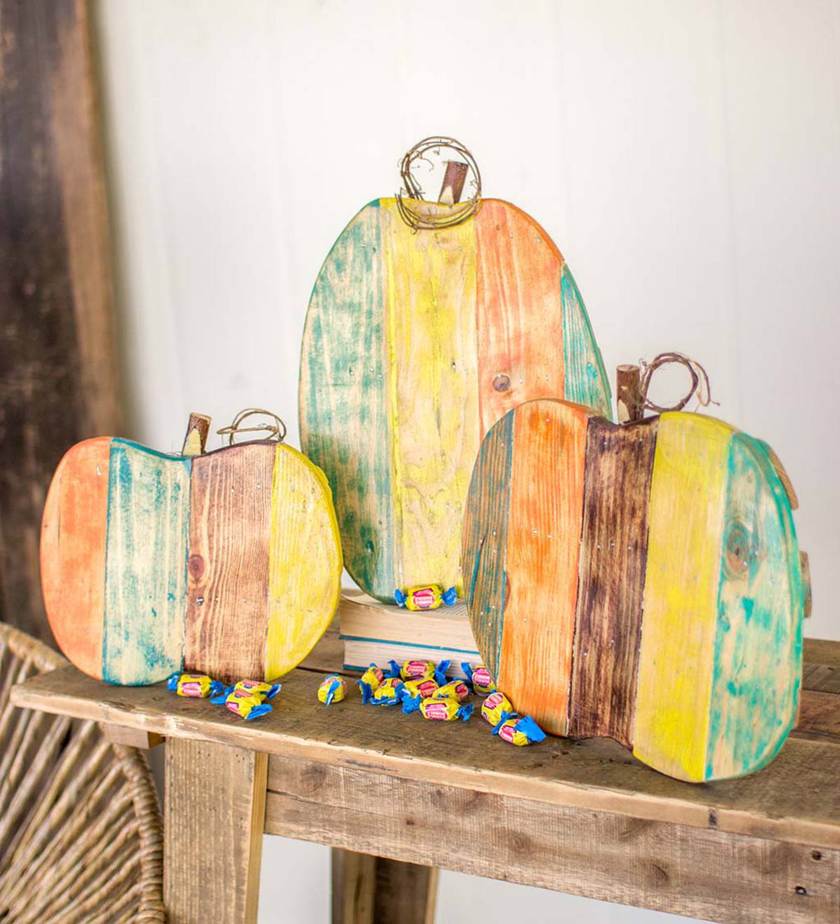 Painted Reclaimed Wood Pumpkins, Set of 3