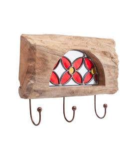 Stained Glass and Teak Three-Hook Wall Hanger