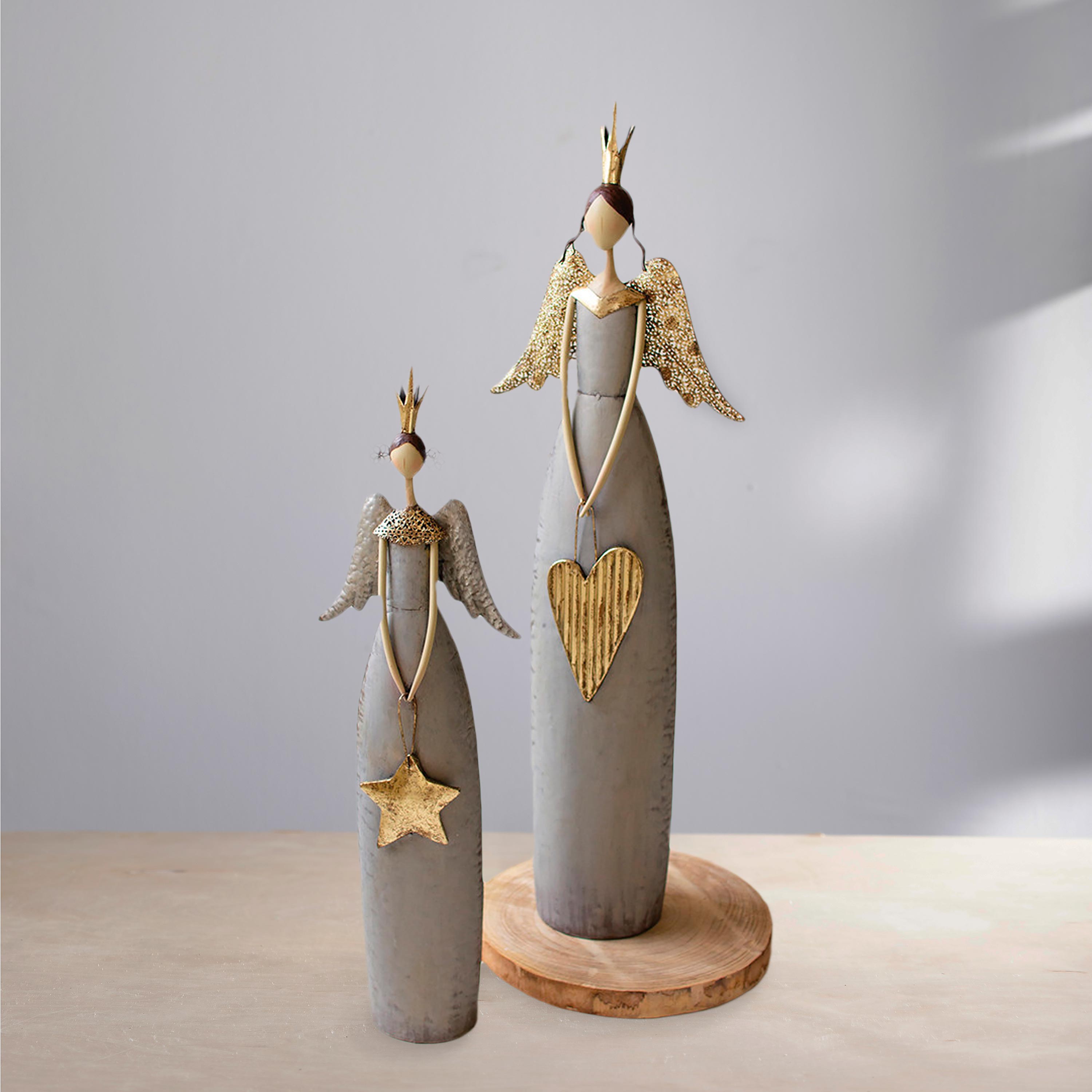 Gold and Gray Metal Angel Figurines, Set of 2