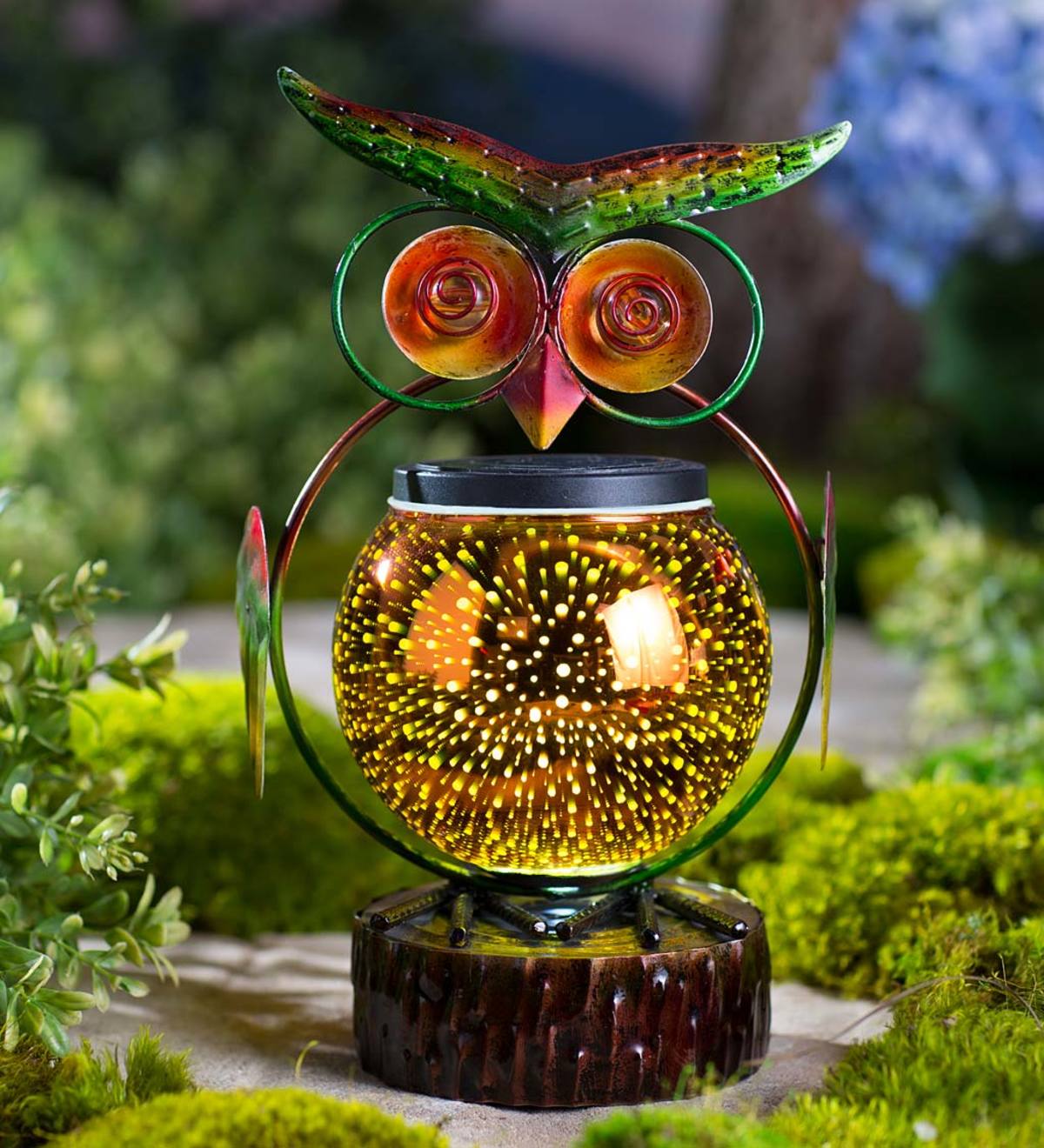 Metal Owl Sculpture with Solar 3-D Lighted Globe