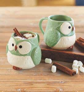 Ceramic Owl Mugs, Set of 2 - Mint