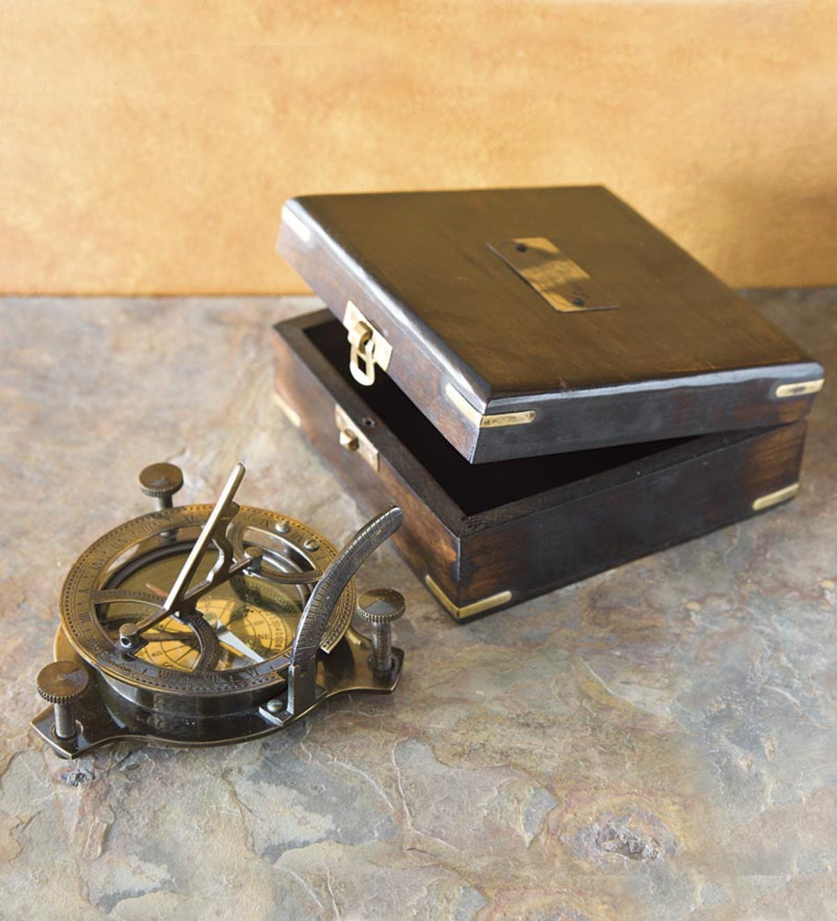 Brass Sundial And Compass With Wood Box