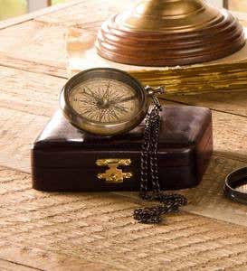 Brass Compass on Chain with Wood Box