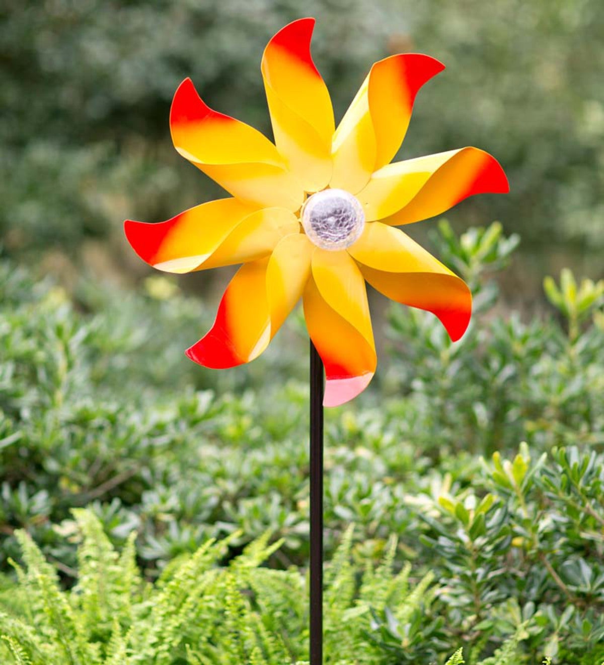 Yellow Flower Wind Spinner with Solar Globe - Yellow
