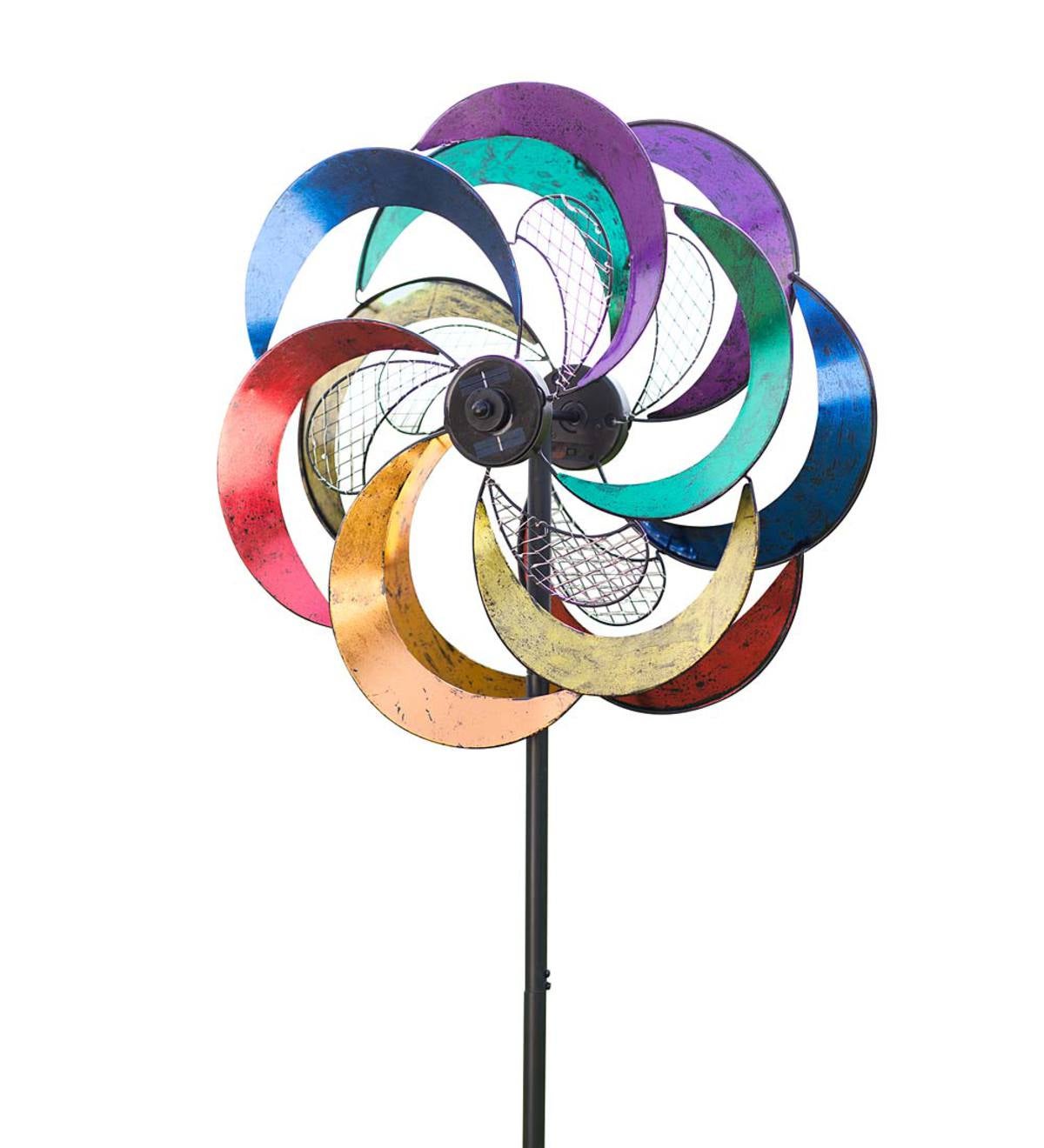 Multi-Colored Spiral Wind Spinner with Solar-Lighted Metal Mesh