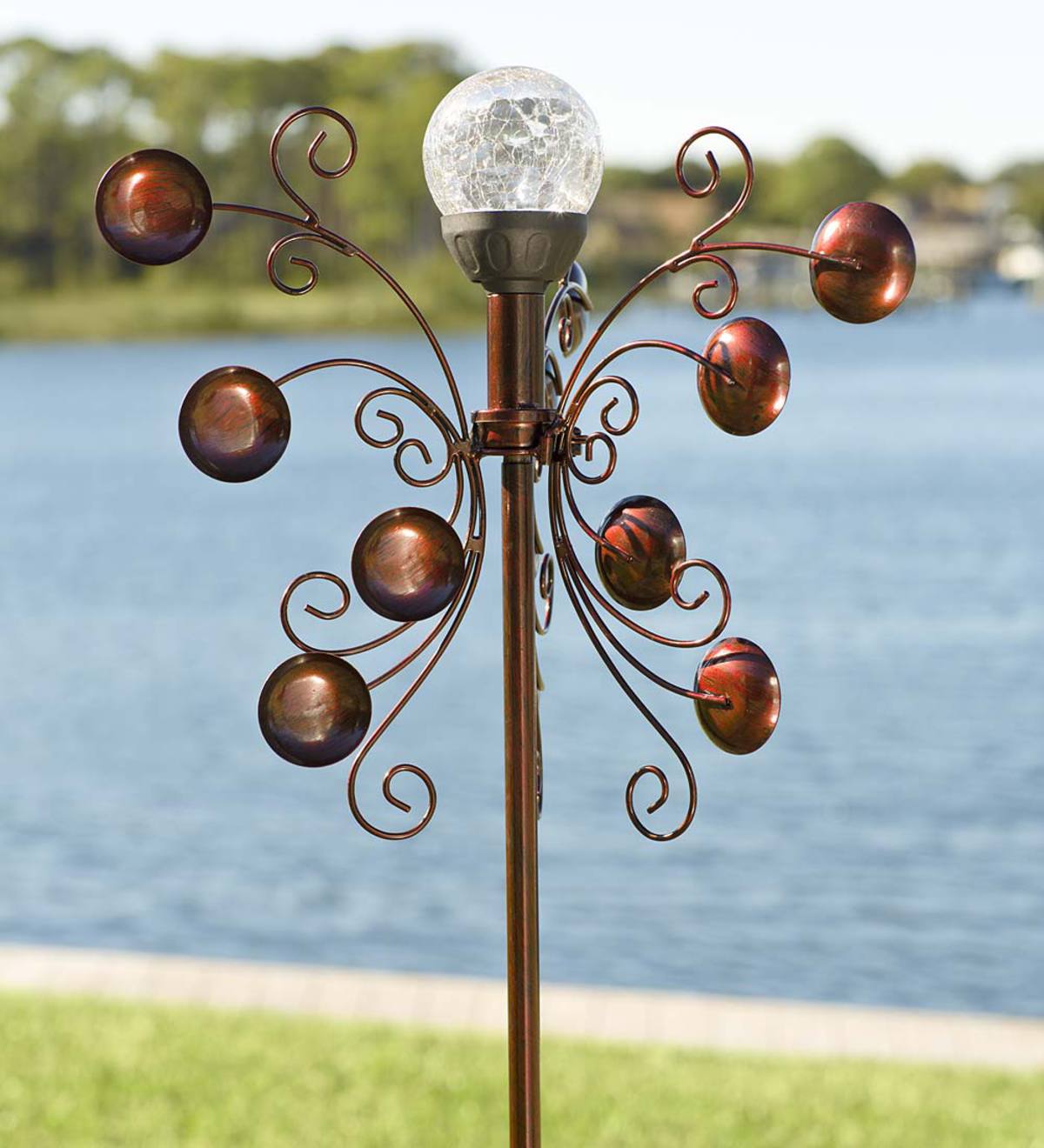 Ornate Bronze-Colored Metal Wind Spinner with Solar Color-Changing Crackle-Glass Orb