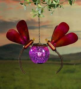Hanging Solar Lighted Orb with Metal Dragonflies