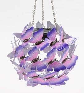 Solar Lighted Purple Butterflies Hanging Metal Orb