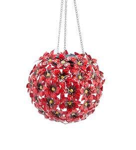 Solar Lighted Red Flowers Hanging Metal Orb