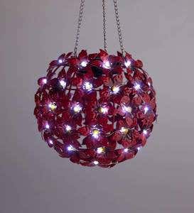 Solar Lighted Red Flowers Hanging Metal Orb