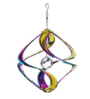Hanging Iridescent Metal Spiral Wind Spinner with Clear Crystal Center