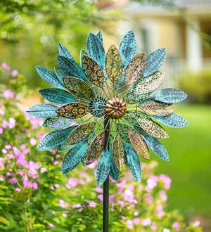 Metal Wind Spinner with Patina-Like Blue, Golden and Bronze-Colored Leaves with Intricate Filigree Cutouts