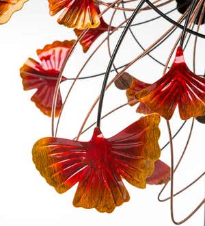 Metal Ginkgo Leaves Wind Spinner In Autumn Hues With Abstract Wire Forms
