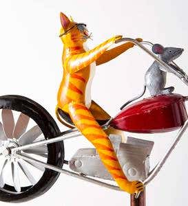 Metal Cat on Motorcycle With Spinning Wheels Wind Spinner