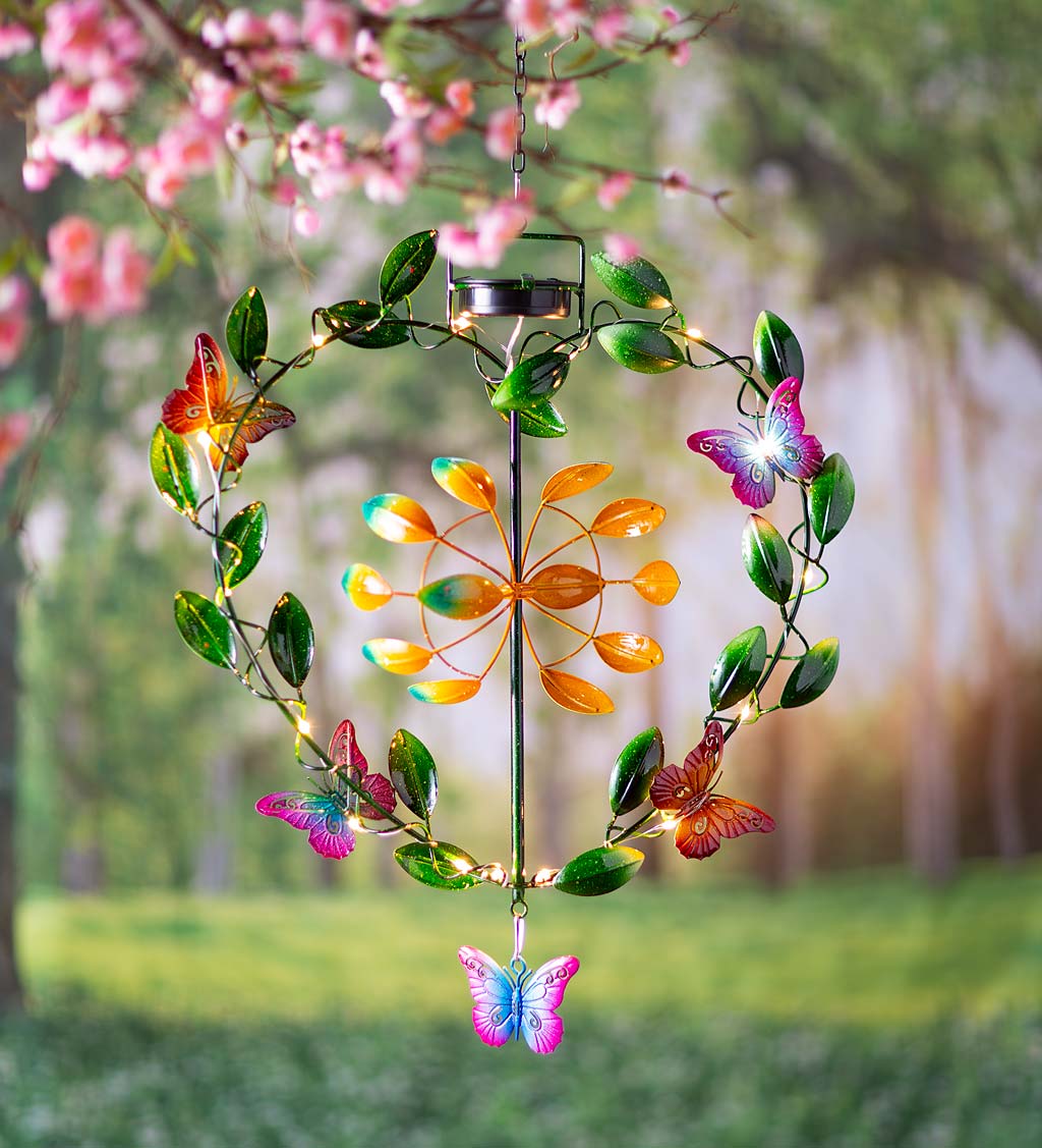 Hanging Heart-Shaped Wreath with Butterflies Solar Lighted Metal