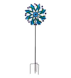 Blue and Green Dual-Rotor Metal Flower Wind Spinner